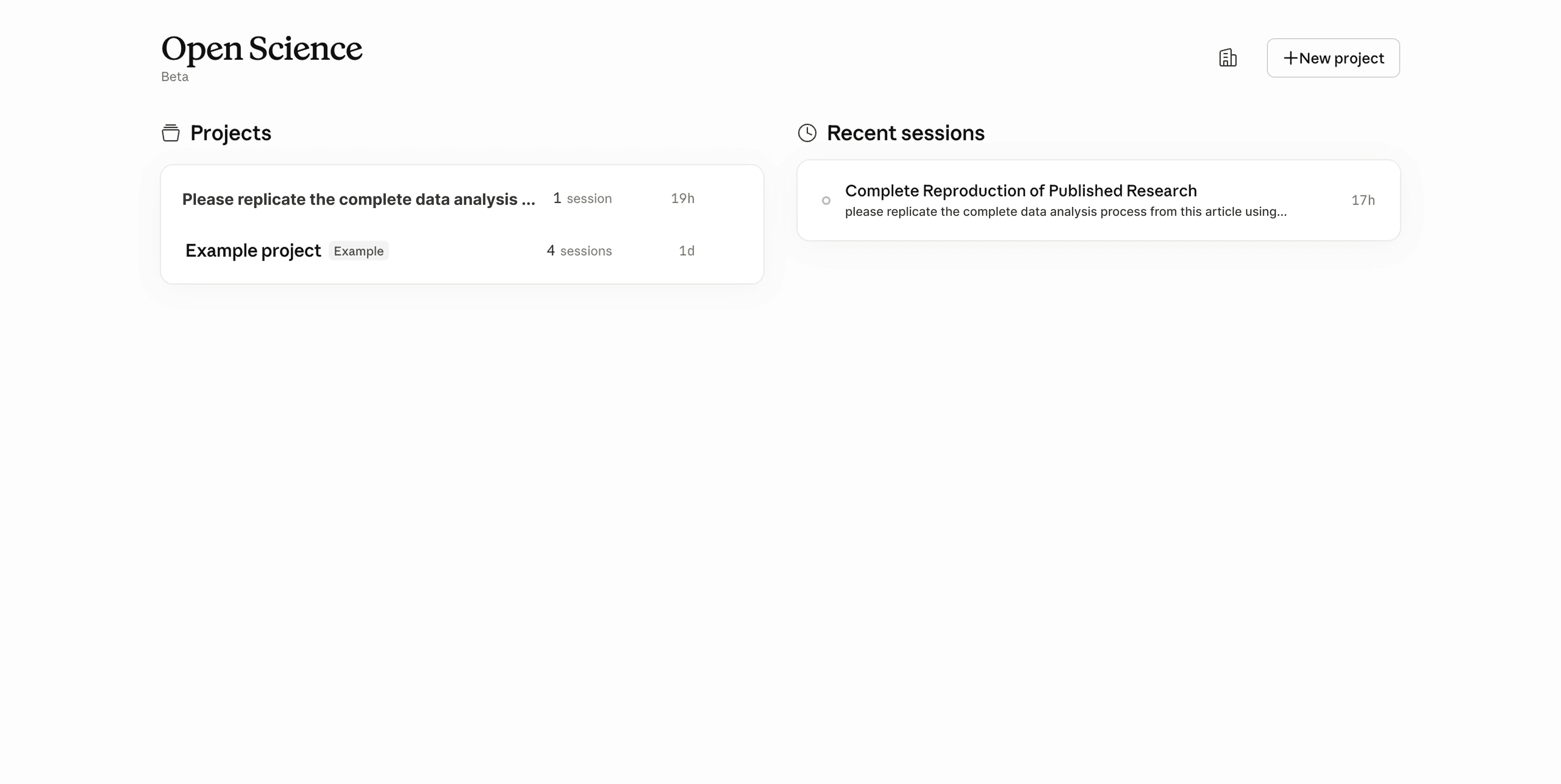 Open Science dashboard — Projects list and Recent sessions