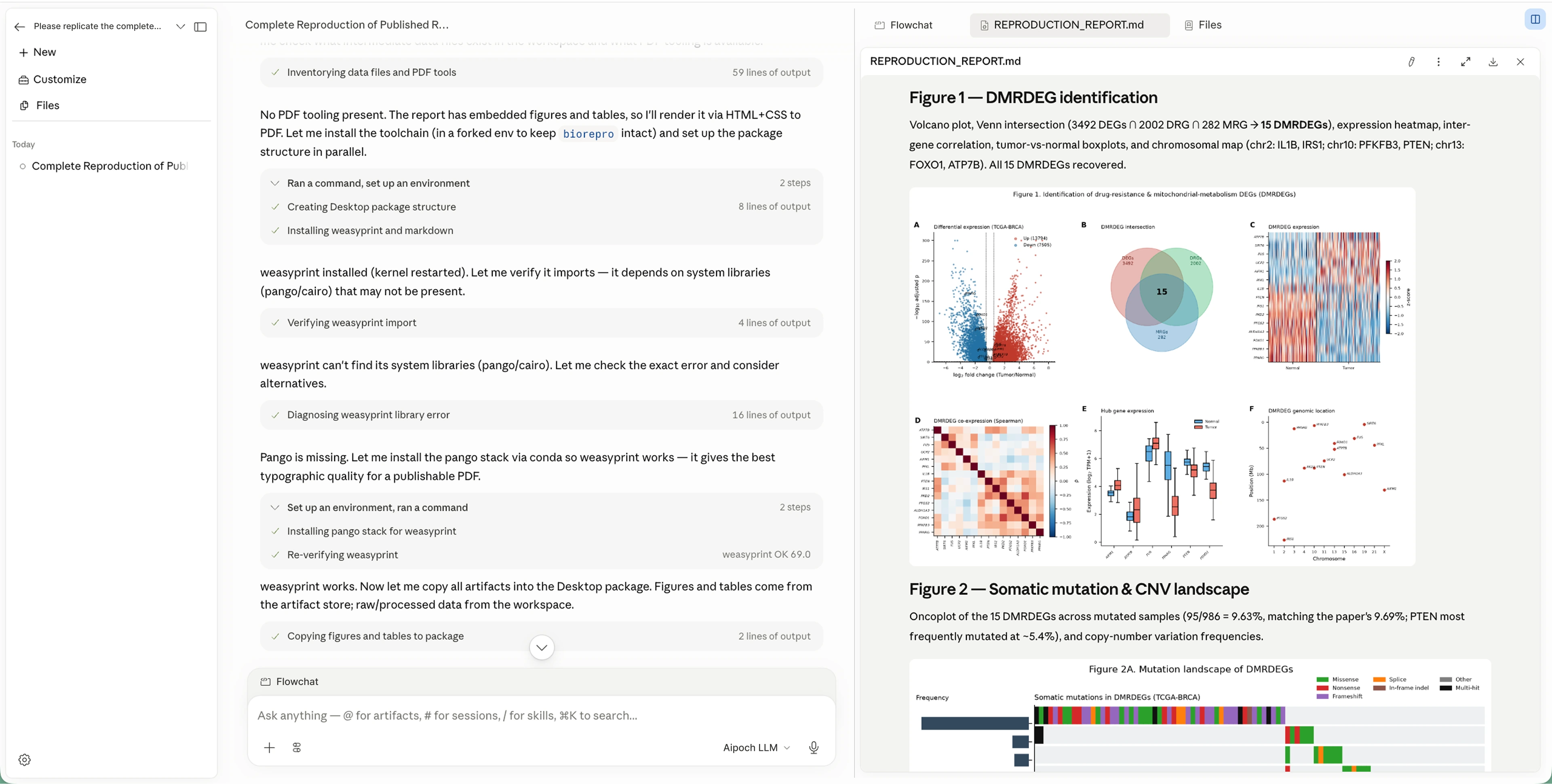 Open Science workbench — an agent session running a reproduction with a live-rendering report