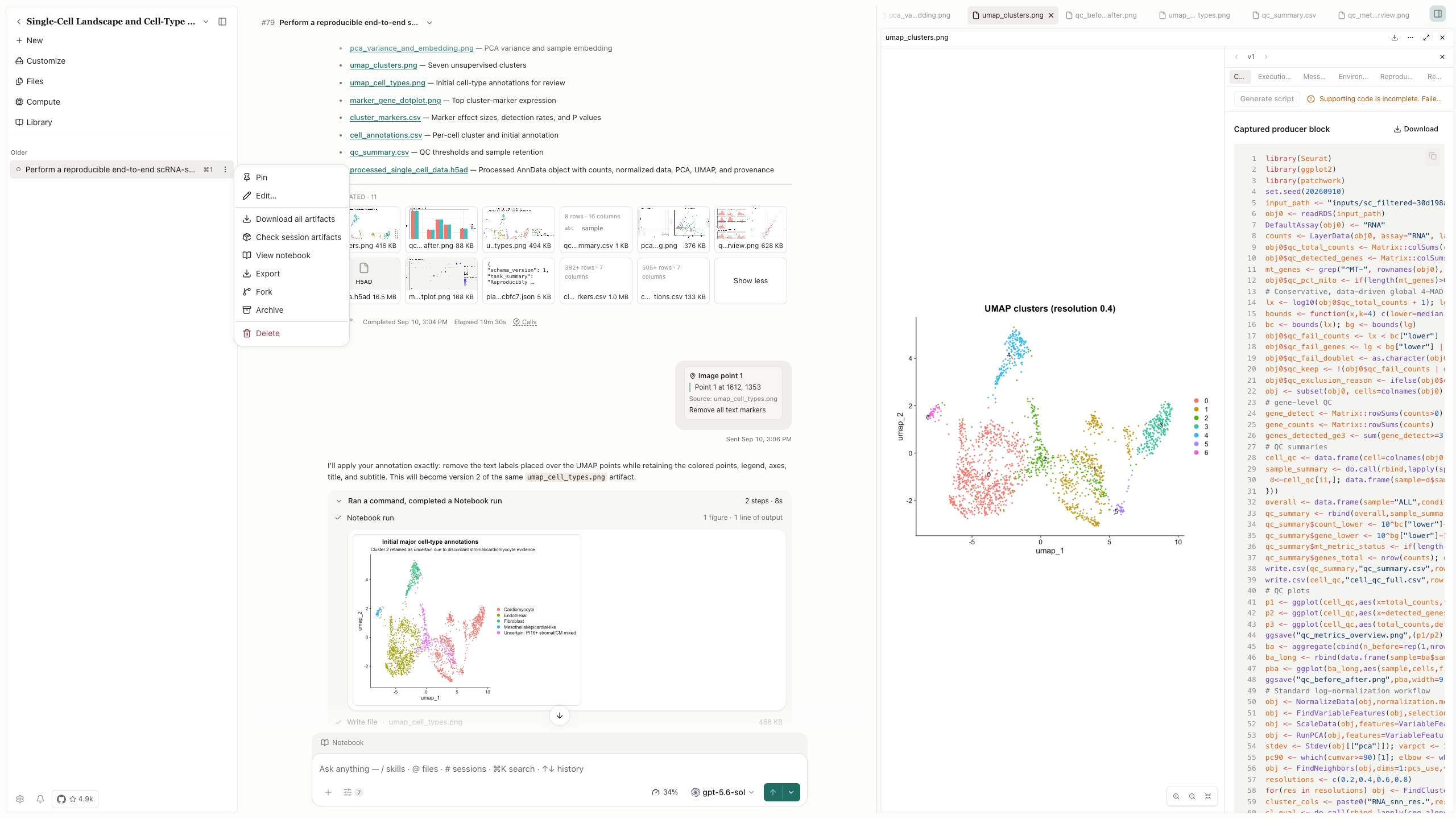 AIPOCH Open-Science Session menu showing Export beside a completed single-cell analysis session, with research artifacts and a UMAP cluster plot.