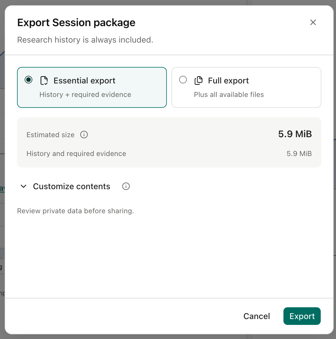 Figure 2 image: Essential, Full, and custom export options