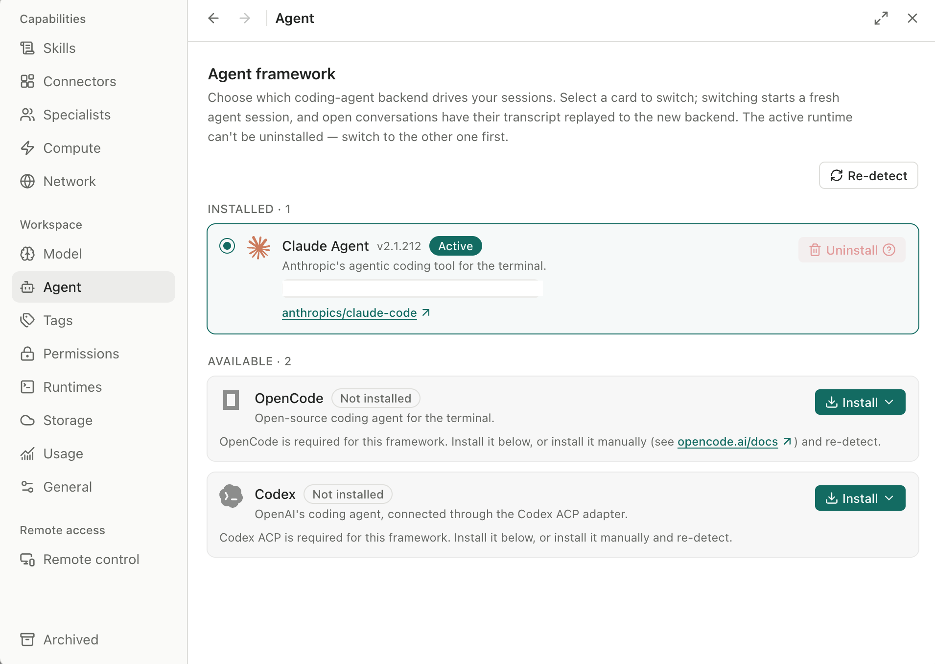 Agent runtime selection interface in Open Science Settings showing Claude Code, OpenCode, and Codex options