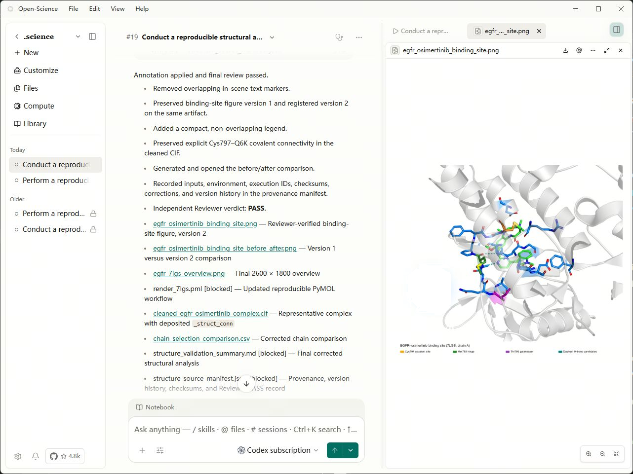 AIPOCH Open-Science Windows workspace showing an existing molecular-structure analysis conversation beside its generated binding-site image preview.