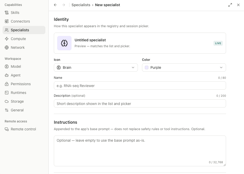 Open Science New Specialist form showing identity fields and optional instructions.