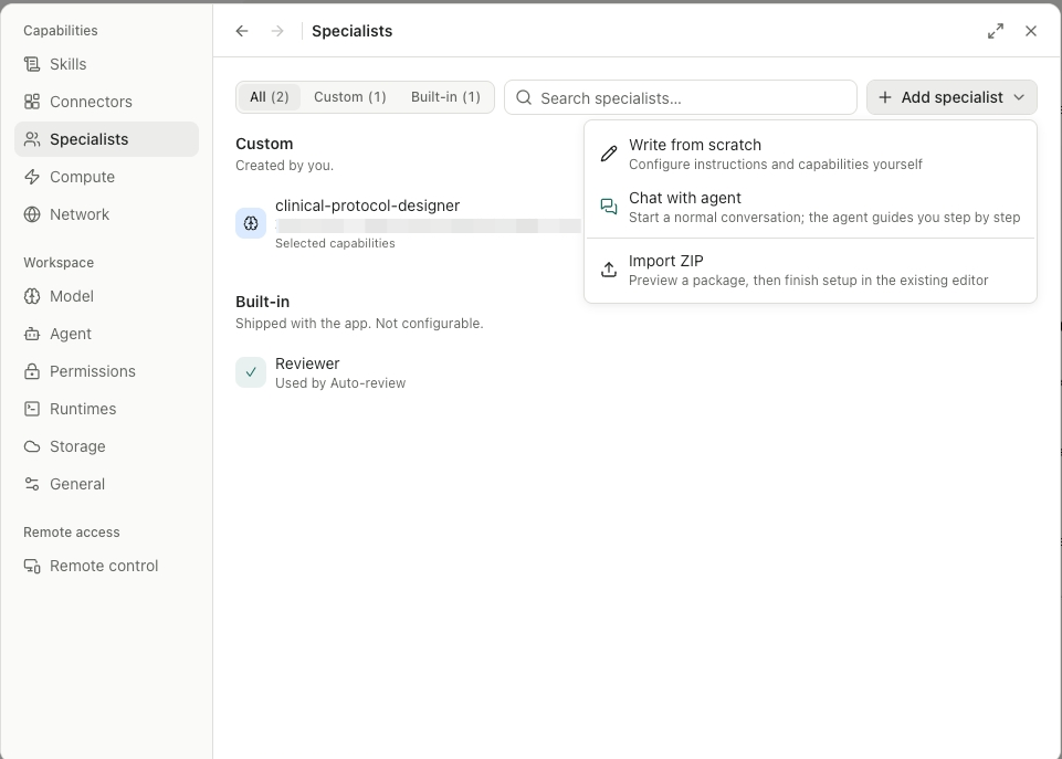 Open Science Specialists panel showing Custom and Built-in profiles plus the Add specialist menu.