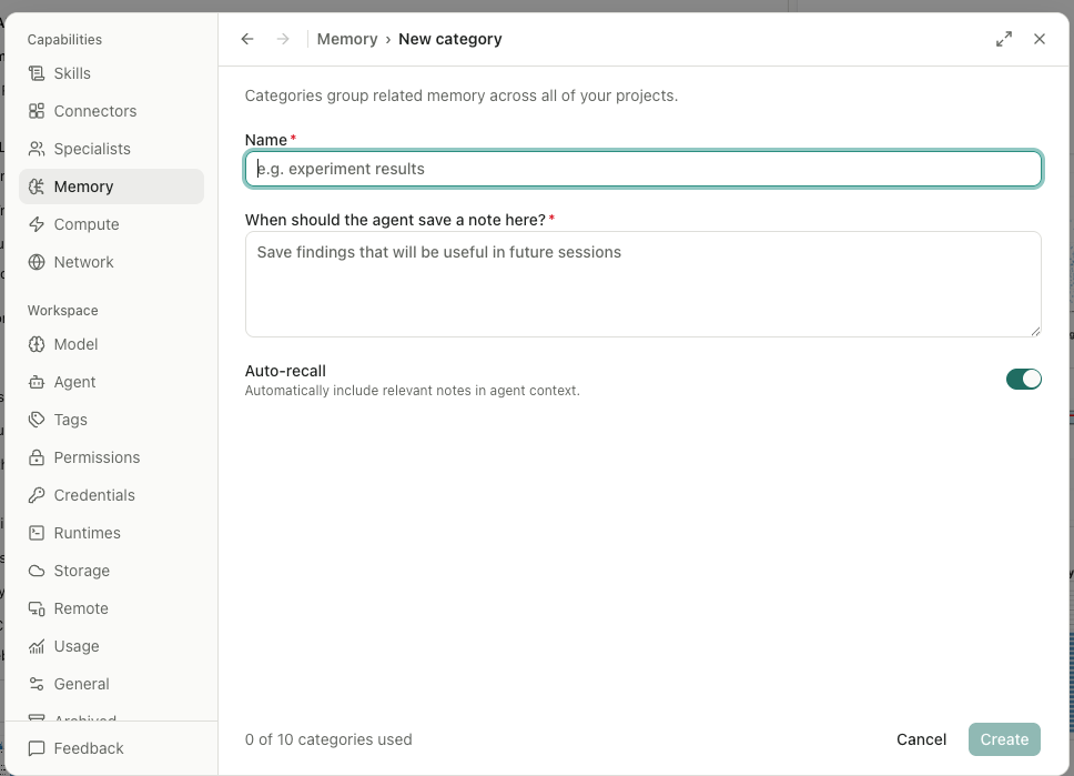 AIPOCH Open-Science New category screen with fields for a category name, saving guidance, and an Auto-recall control