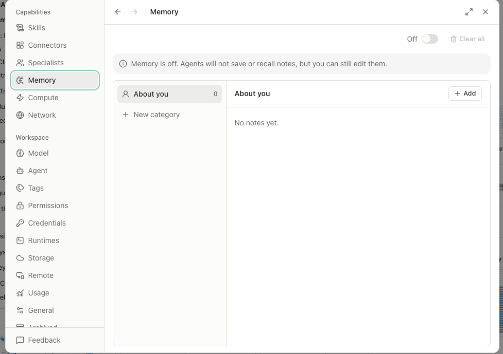 AIPOCH Open-Science Memory settings with memory turned off and no saved notes