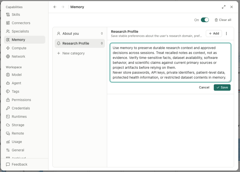 AIPOCH Open-Science Research Profile memory category explaining what to retain, what to verify, and what sensitive information to exclude
