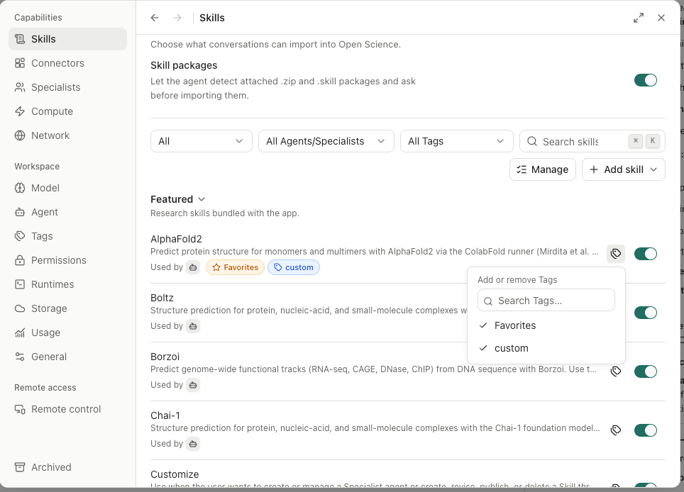 Open Science v0.18.0 Skills panel showing agent and Specialist filters plus Favorites and custom tag assignment