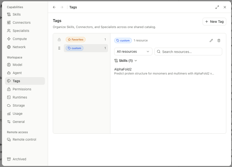 Open Science v0.18.0 Tags settings showing Favorites, a custom tag, resource filters, search, and tag management