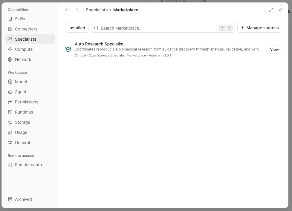 Open Science v0.19.0 governed Specialist Marketplace installed view
