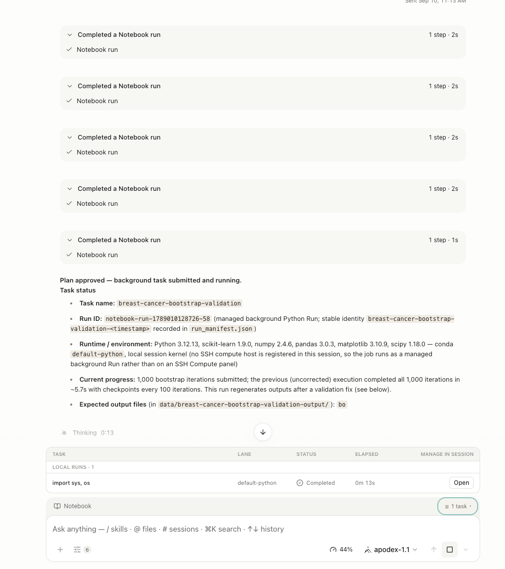 AIPOCH Open-Science v0.27.0 background Notebook run showing completed tasks, a stable run identity, runtime details, and the Compute panel task entry