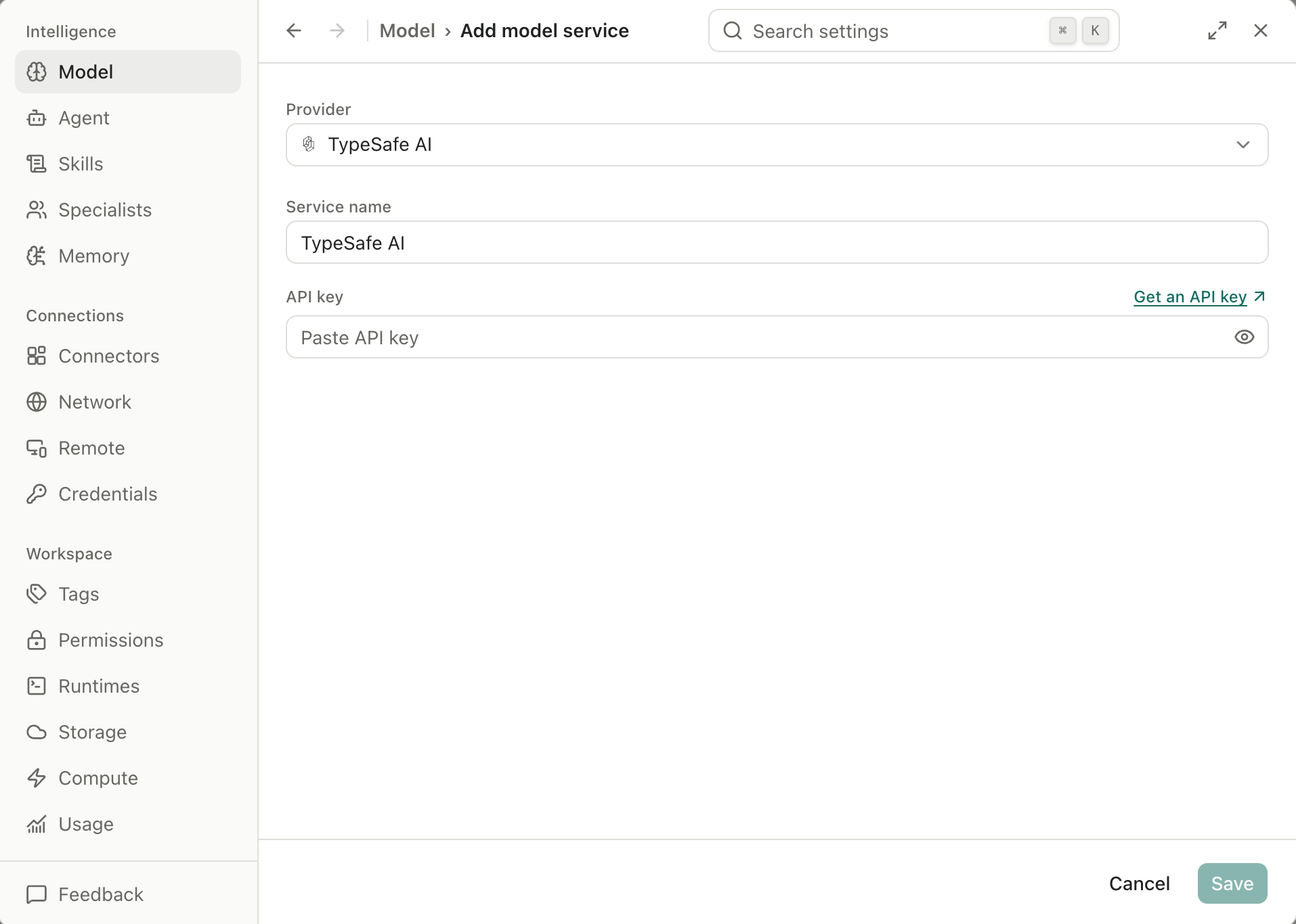 AIPOCH Open-Science shows the TypeSafe AI add-service form with an empty API key field.